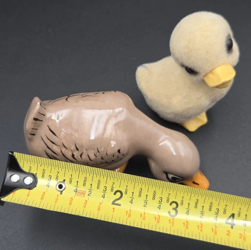 Vintage Inarco Flocked Duckling Figurine Japan & Ceramic Hand Painted Duck